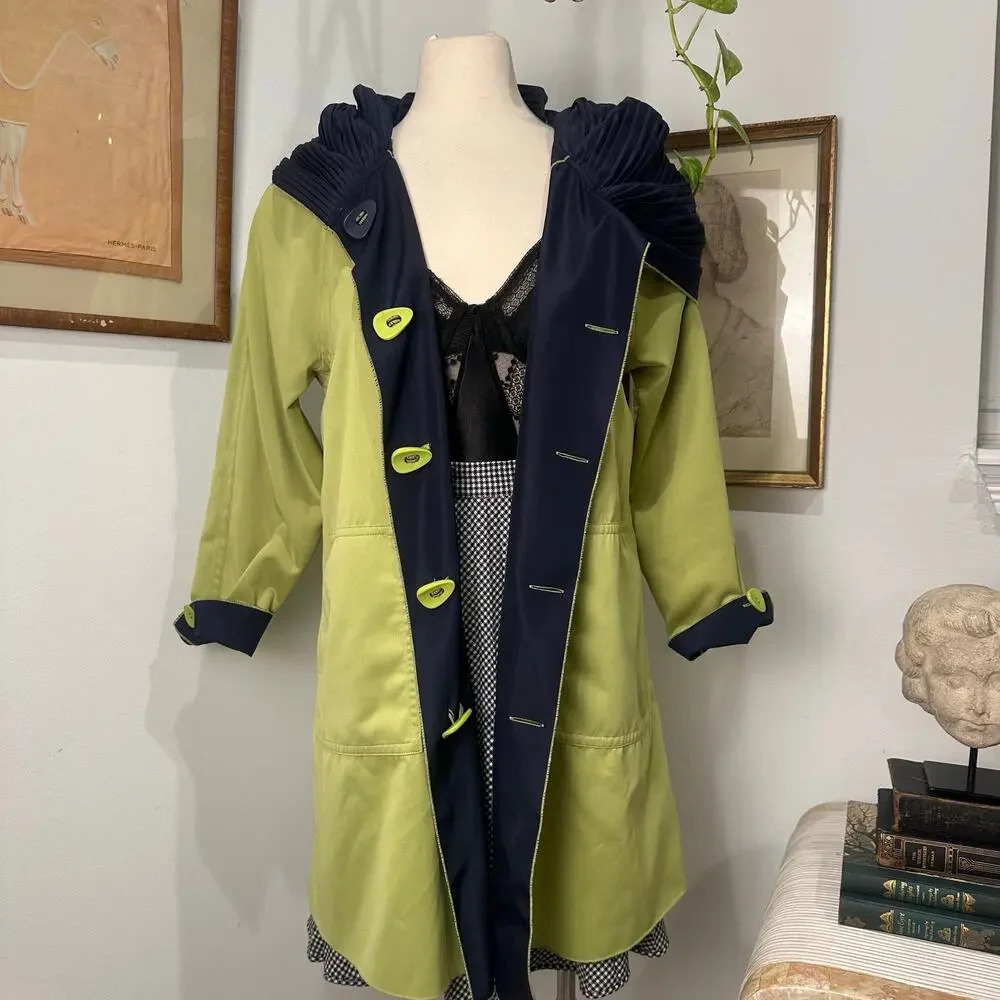 VTG Reversible Coat Navy Green Oversized Hooded Raincoat Classic Outwear Jacket